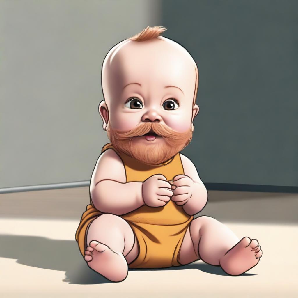 Animated, legendary depiction of a comical baby donning an Archimedes-style beard, sitting on the floor.