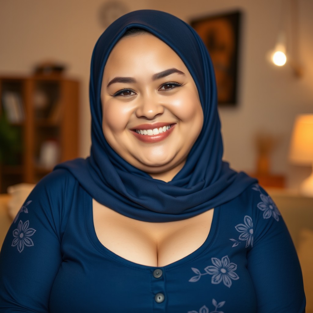 A cheerful, plus-size Caucasian woman with a sweet smile, wearing a dark blue hijab and a long-sleeved shirt in blue with floral patterns