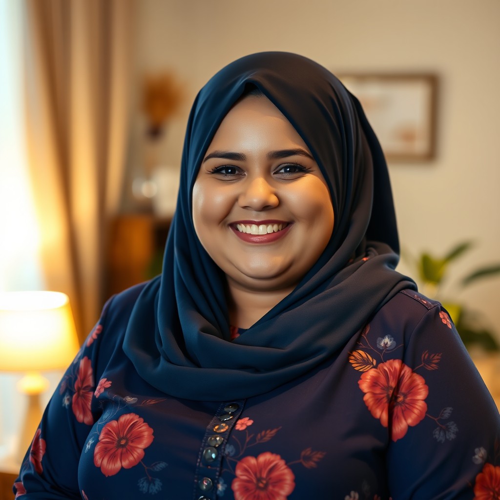A cheerful, plus-size Caucasian woman with a sweet smile, dressed in a dark blue hijab and a long-sleeved blue shirt adorned with floral patterns