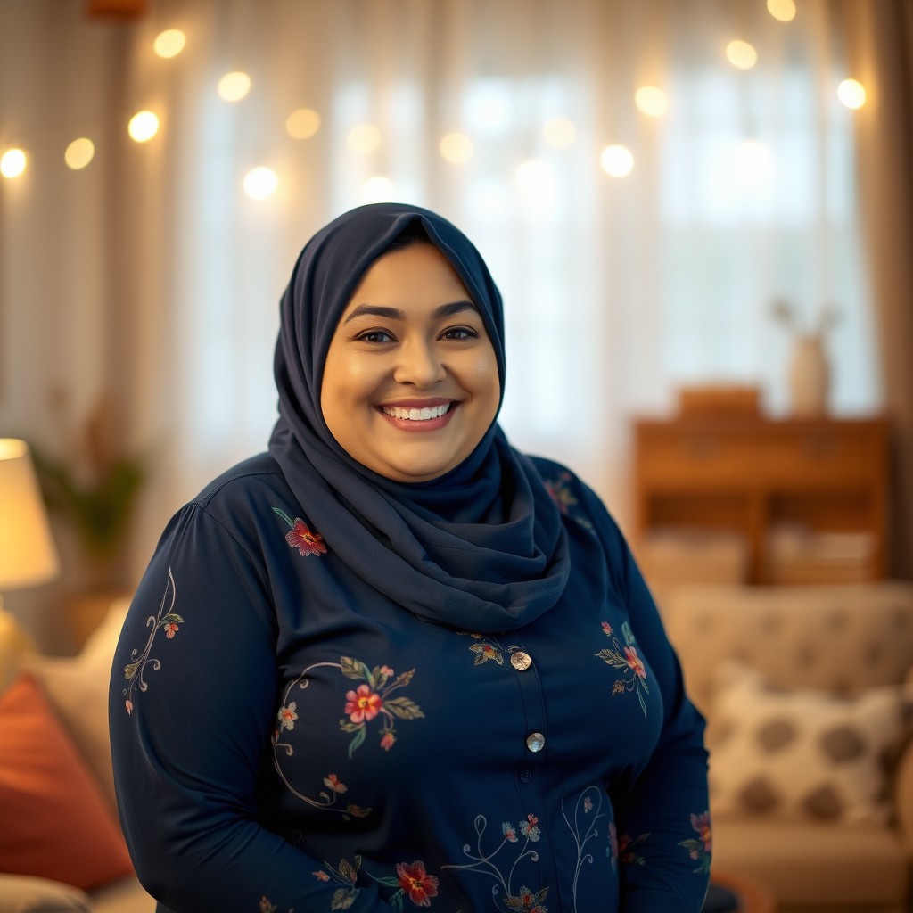 A cheerful, plus-size Caucasian woman with a sweet smile, dressed in a dark blue hijab and a long-sleeved blue shirt decorated with floral patterns