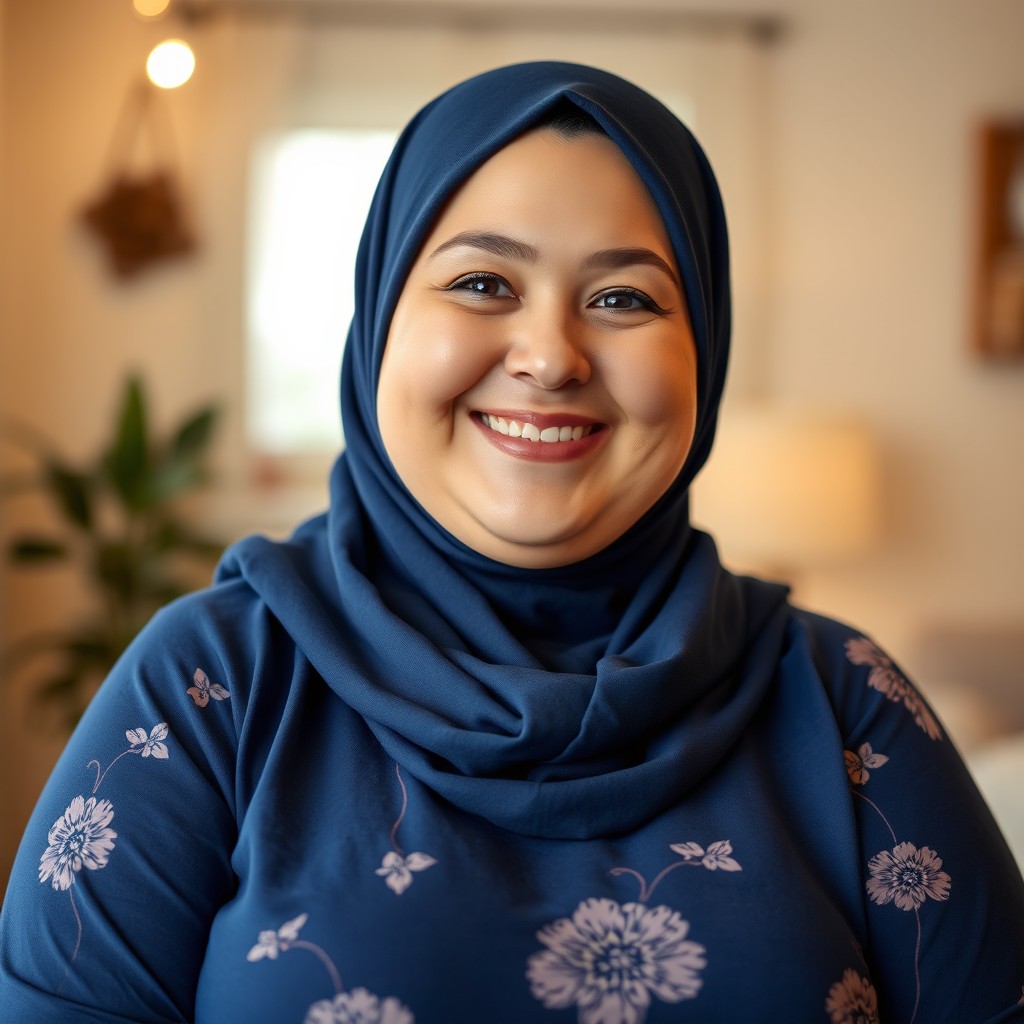 A cheerful, plus-size Caucasian woman with a sweet smile, dressed in a dark blue hijab and a long-sleeved blue shirt with floral patterns