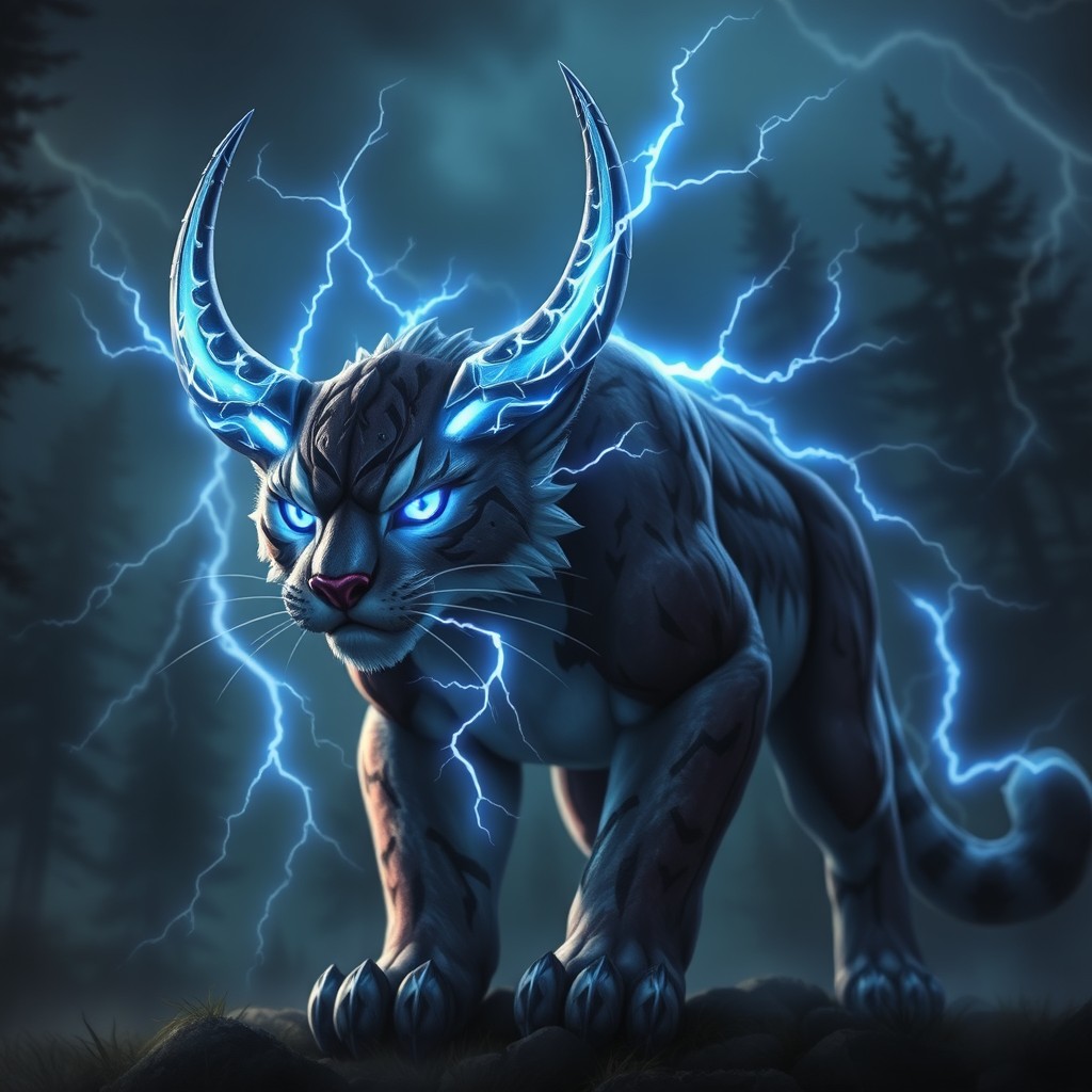 Stormhorn Lynx, a majestic feline beast featuring striking crackling blue electricity flowing through its impressive horns