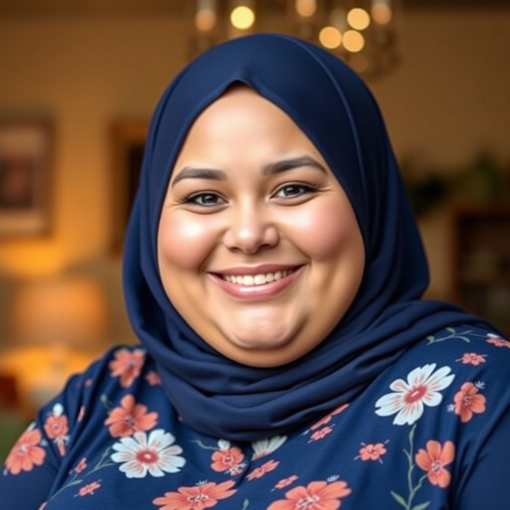 A cheerful, plus-size Caucasian woman with a sweet smile, wearing a dark blue hijab and a long-sleeved blue shirt patterned with flowers