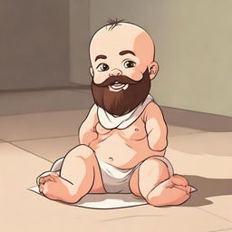 Animated, legendary depiction of a comical baby donning an Archimedes-style beard, sitting on the floor.