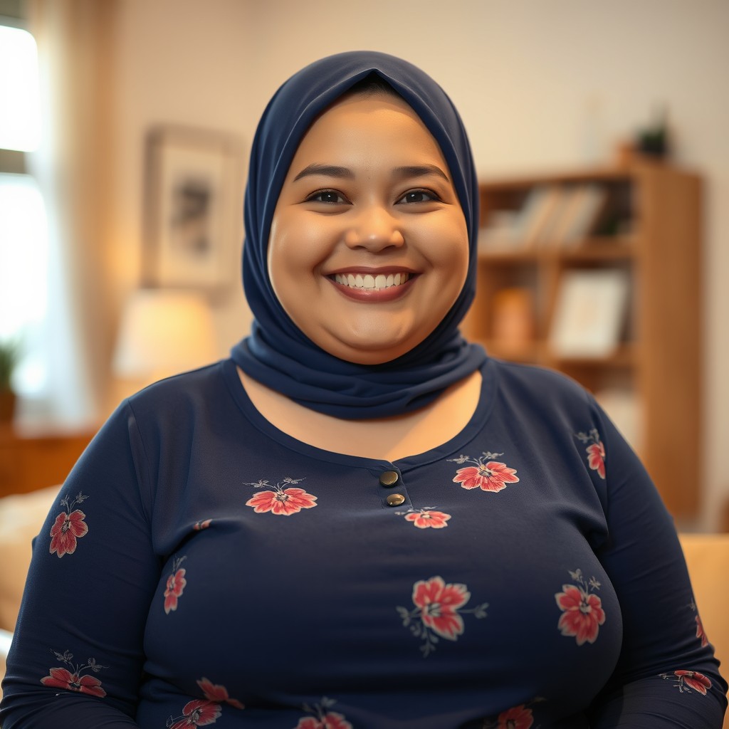 A cheerful, plus-size Caucasian woman with a sweet smile, wearing a dark blue hijab and a long-sleeved blue shirt featuring floral patterns