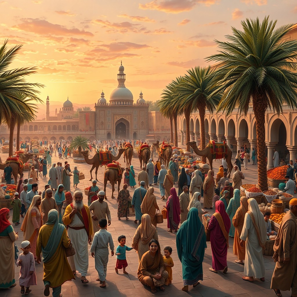 A grand depiction of the arrival at Medina, showcasing a vibrant and bustling scene filled with travelers and merchants