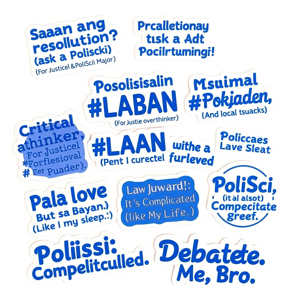 A series of stickers featuring clever and humorous phrases related to Political Science