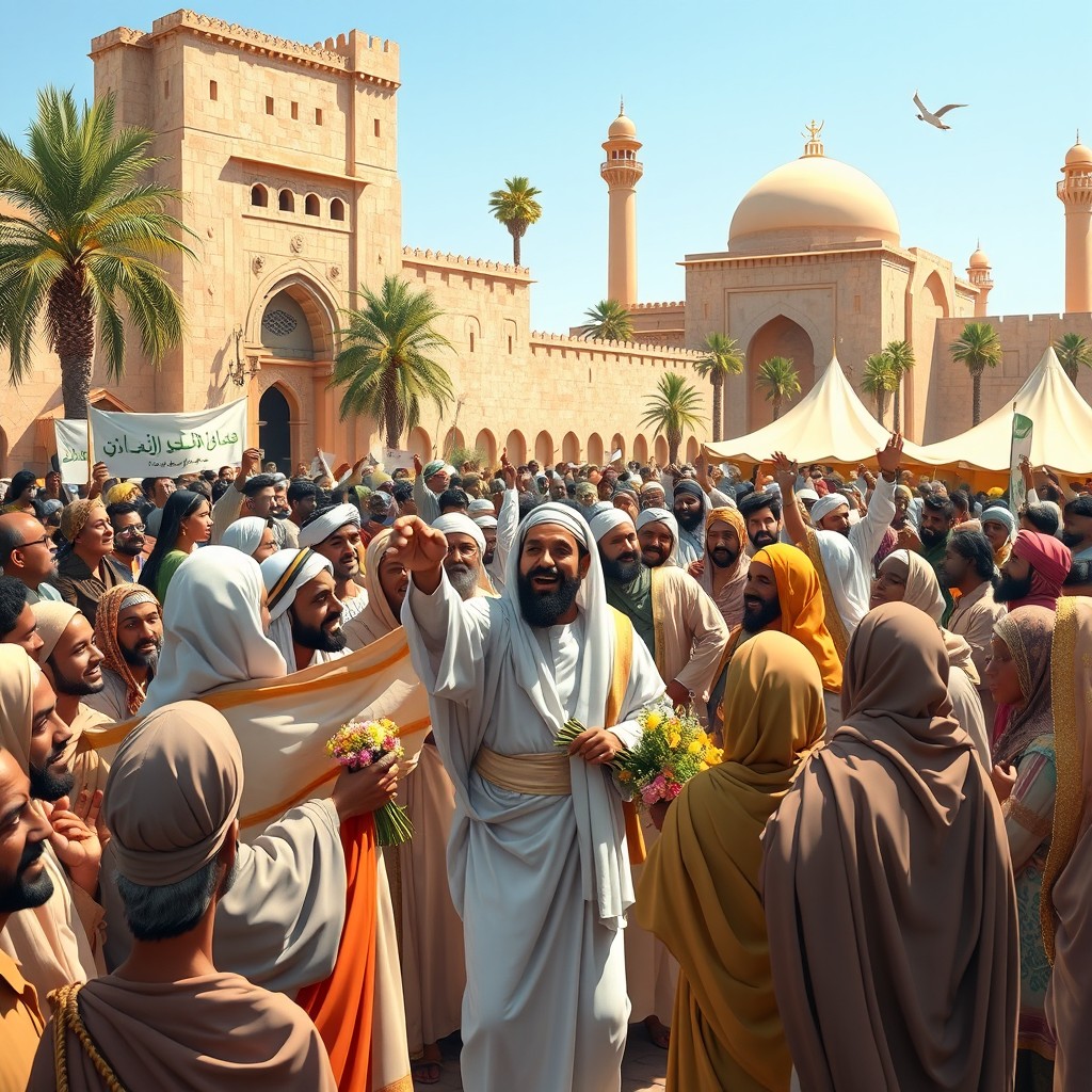 A historical and lively scene depicting the arrival of Prophet Muhammad in Medina, showcasing a diverse crowd of enthusiastic locals welcoming him with joy and respect