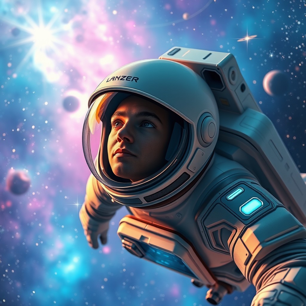 A futuristic astronaut floating in space, surrounded by vibrant galaxies and sparkling stars