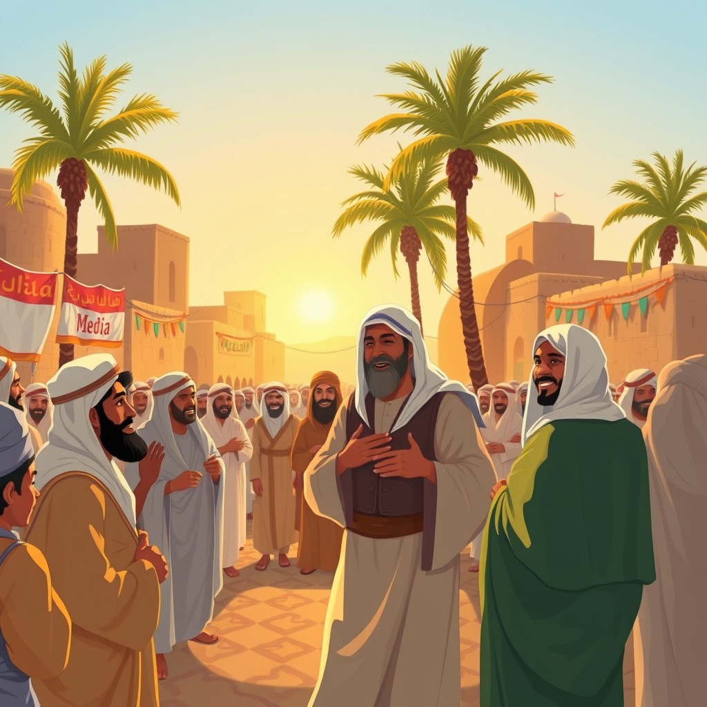 A historical scene depicting the arrival of the companions of Prophet Muhammad in Medina