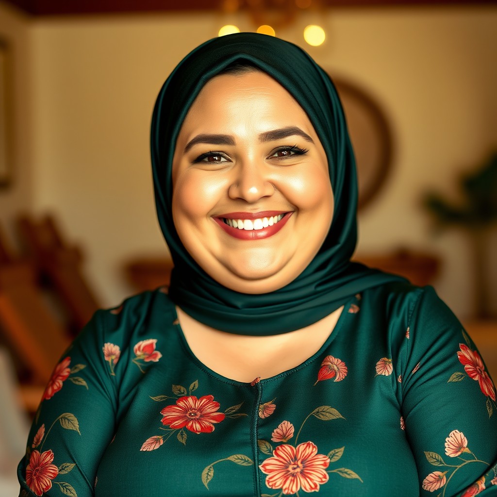 A cheerful, plus-size Caucasian woman with a bright happy smile, wearing a dark green hijab and a long green dress adorned with floral patterns