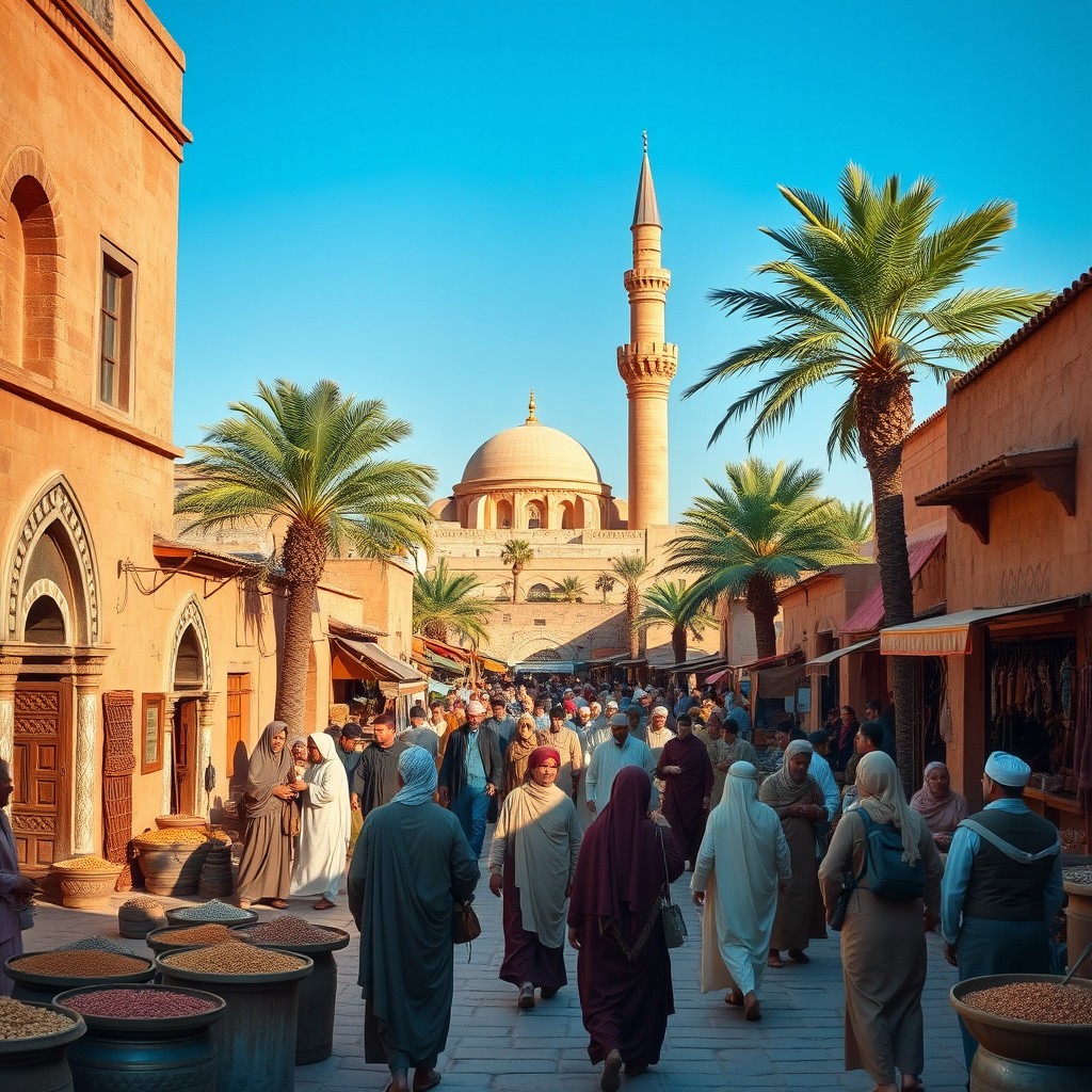 A vibrant and historically rich scene depicting the city of Medina in the 7th century, showcasing the bustling marketplace filled with merchants selling grains, textiles, and spices