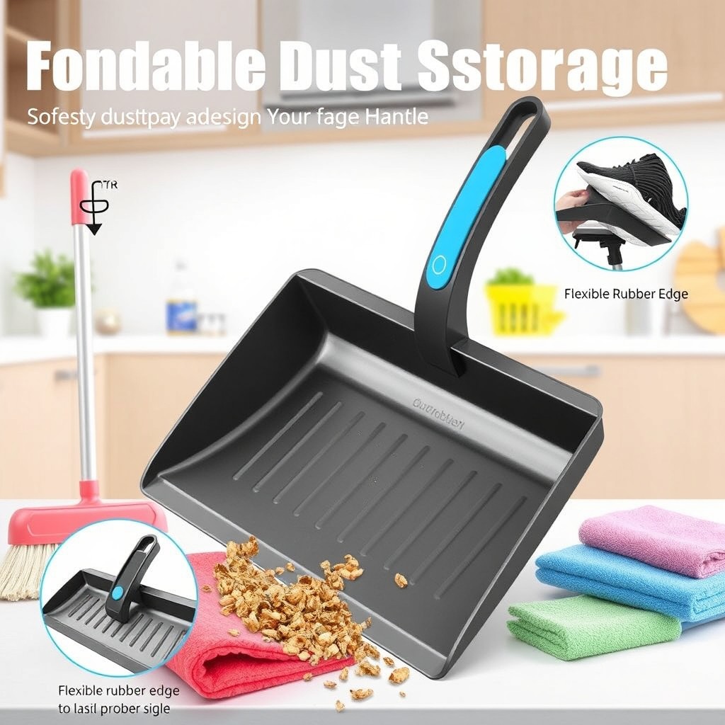 A detailed illustration of a foldable dustpan designed for easy storage, showcasing its innovative features