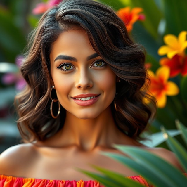A vibrant, striking Instagram profile picture of a beautiful woman with Brazilian or Portuguese descent