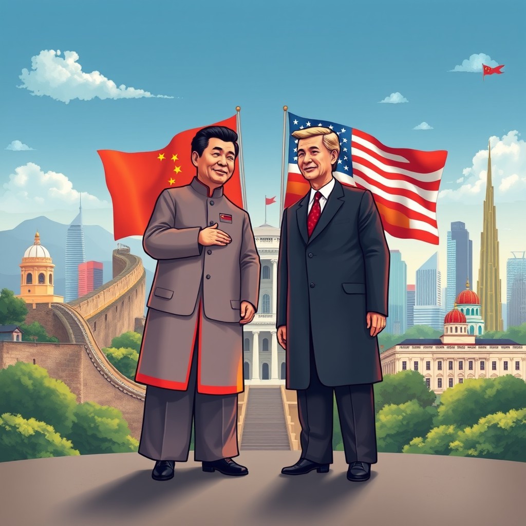 A comparative illustration depicting the concept of leadership between China and America, featuring symbolic elements like the Great Wall of China alongside iconic American landmarks like the White House