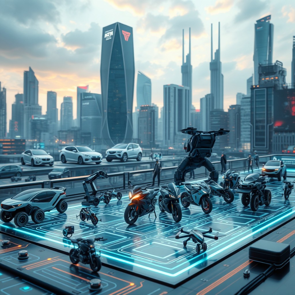 A futuristic scene depicting Autotronics Engineering, featuring a high-tech smart city in the background filled with sleek, towering skyscrapers and advanced architectural designs