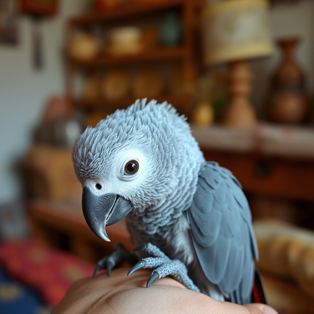 A realistic newborn African Grey parrot (Congo African Grey) with minimal soft feathers, wide expressive eyes, and a small beak, showcasing an unsteady stance that indicates its recent birth