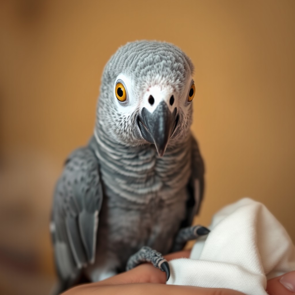 A realistic newborn African Grey parrot (Congo African Grey) with minimal soft fluff, wide expressive eyes featuring faint yellow irises, a small beak, and an unsteady stance that reflects its recent birth