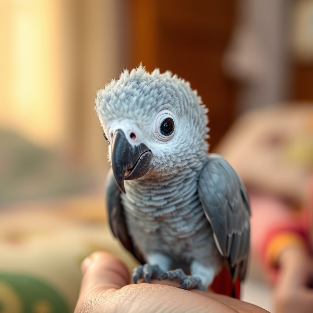 A realistic newborn African Grey parrot (Congo African Grey) living in a family home, showcasing minimal fluffy feathers, wide expressive eyes, a small beak, and an unsteady stance that indicates its recent birth