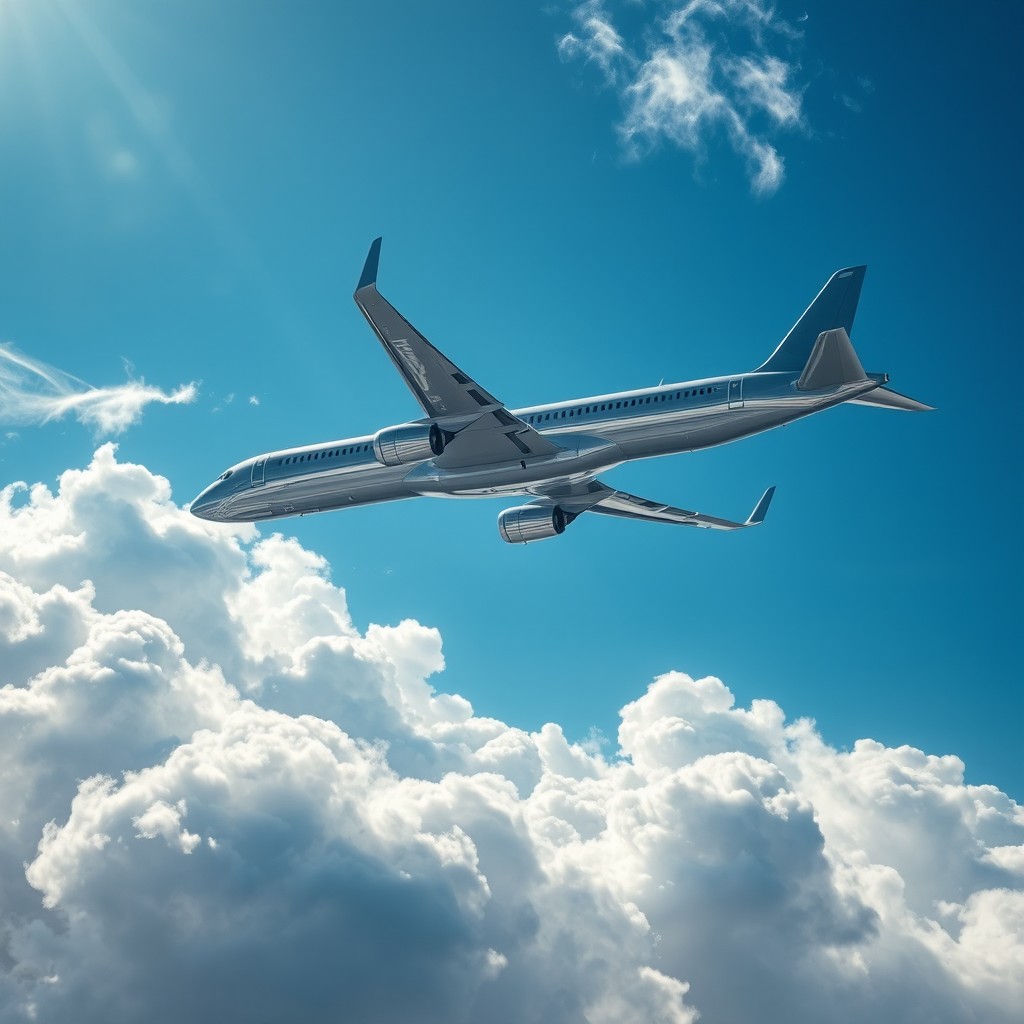 A dramatic scene featuring a majestic airplane soaring through fluffy, white clouds in a bright blue sky