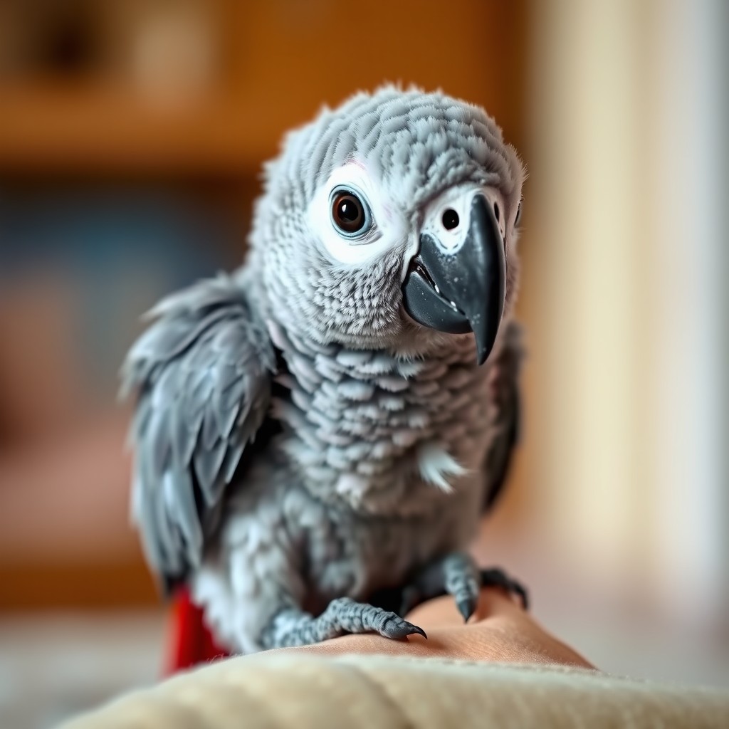 A realistic newborn African Grey parrot (Congo African Grey) with minimal soft fluffy feathers, wide expressive eyes, a small beak, and an unsteady stance that signifies its recent birth