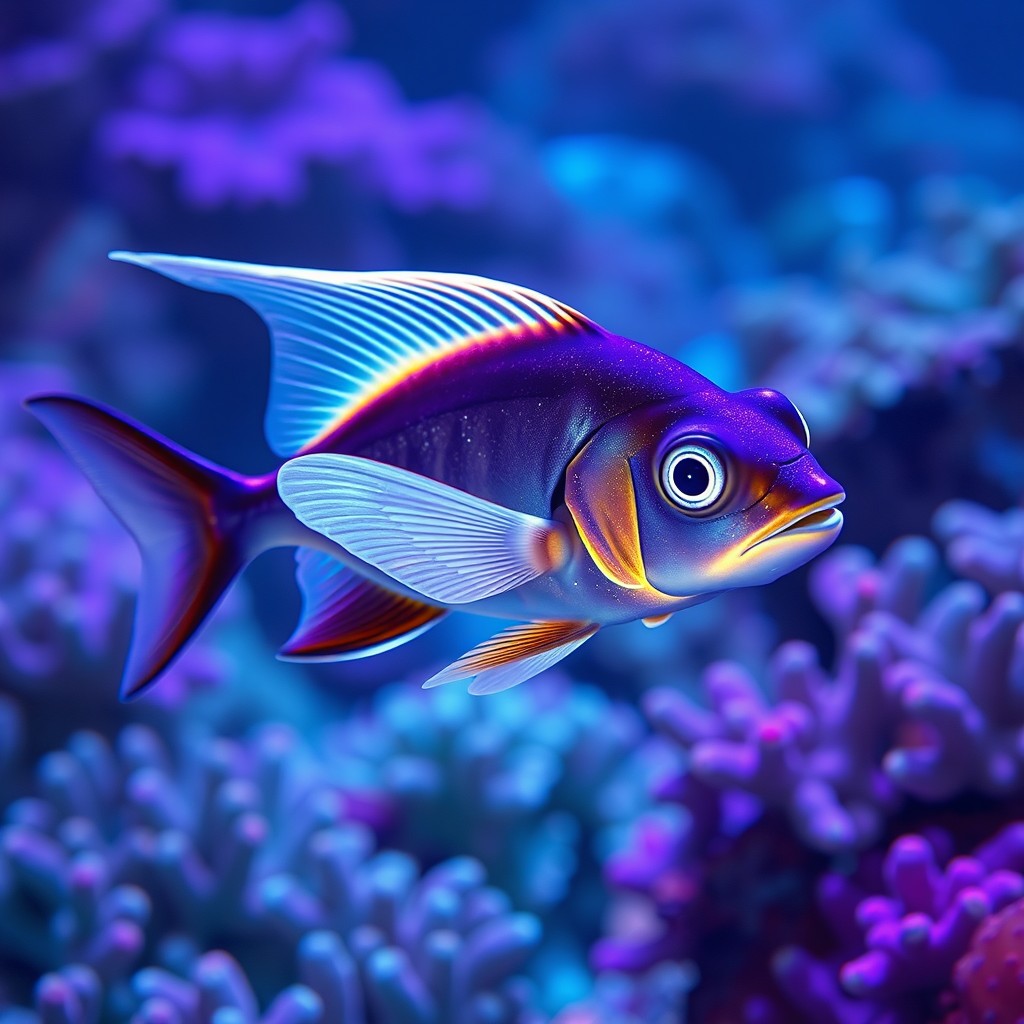 A sleek, bioluminescent fish adorned with ethereal wings of light, gliding effortlessly through the water like a ghost