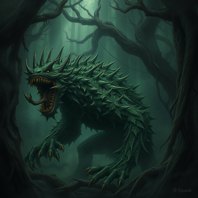A formidable thorn-covered beast lurking ominously in the dense, shadowy depths of Thornveil Woods