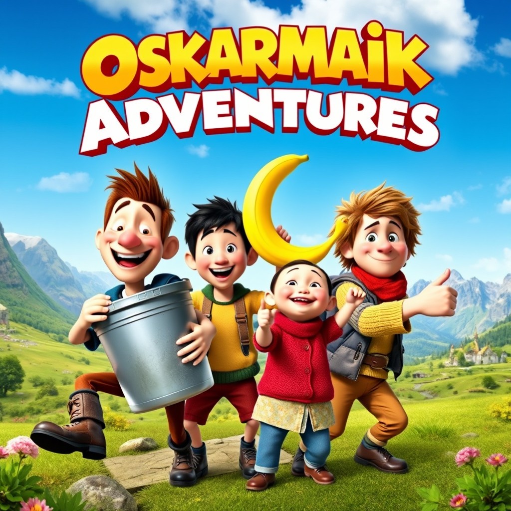 A movie poster for 'Oskarmaik Adventures' featuring four adventurous characters in a vibrant, dynamic setting