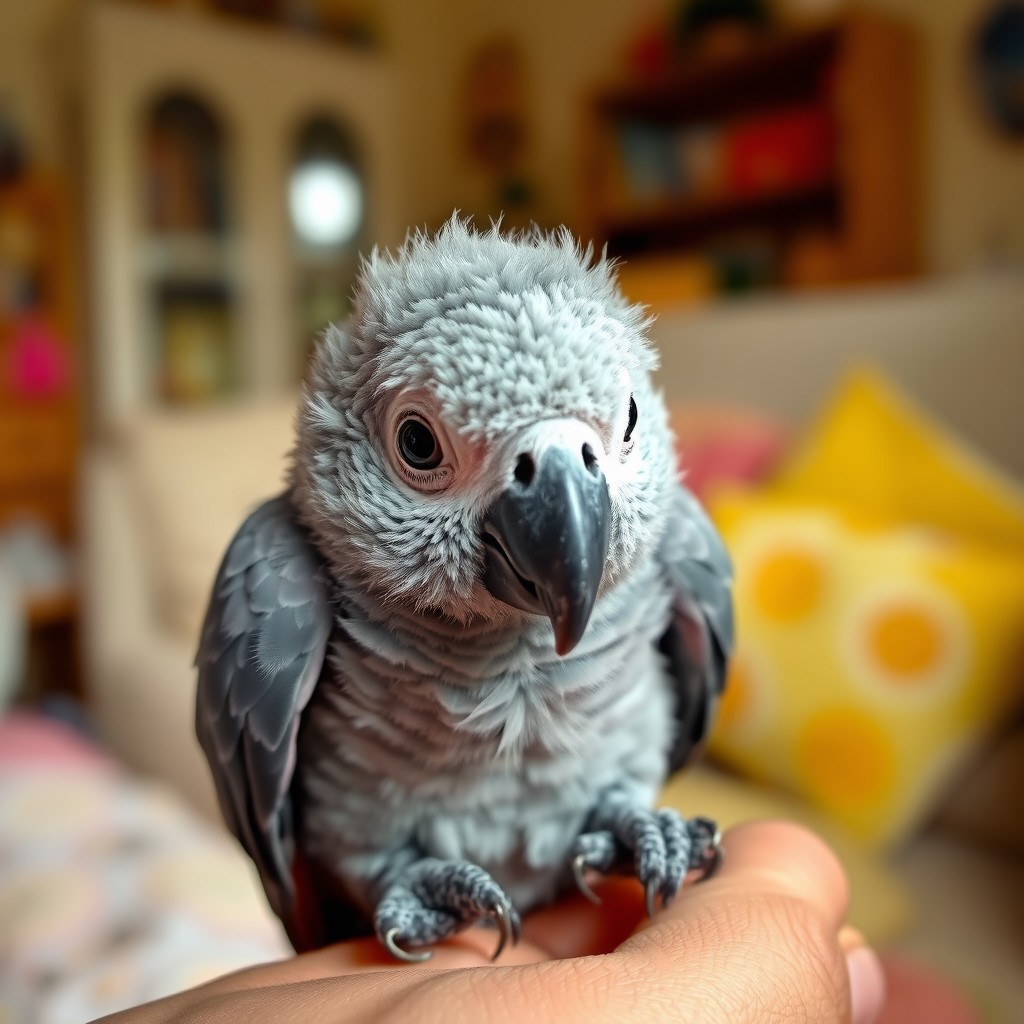 A realistic newborn African Grey parrot (Congo African Grey) living in a family home, showcasing minimal soft fluffy feathers, wide expressive eyes, a small beak, and an unsteady stance that signifies its recent birth