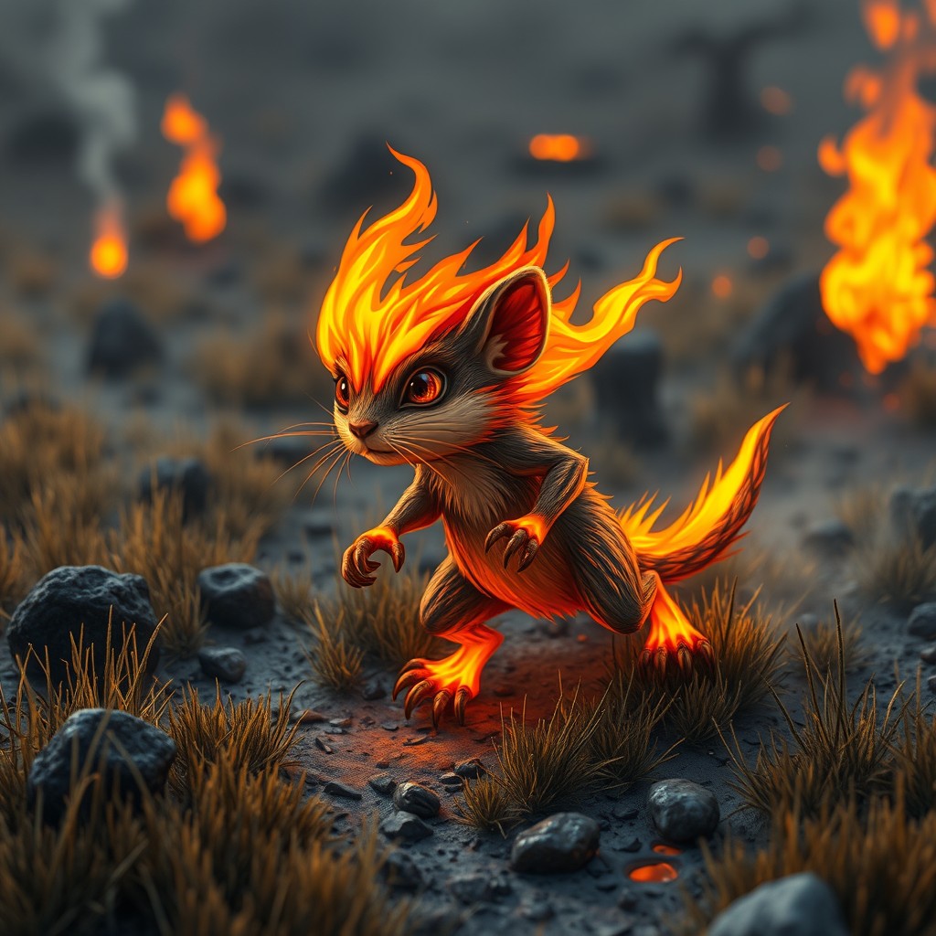 A small, fiery rodent characterized by burning whiskers and molten paws, showcasing its vibrant flames as it moves nimbly across the landscape