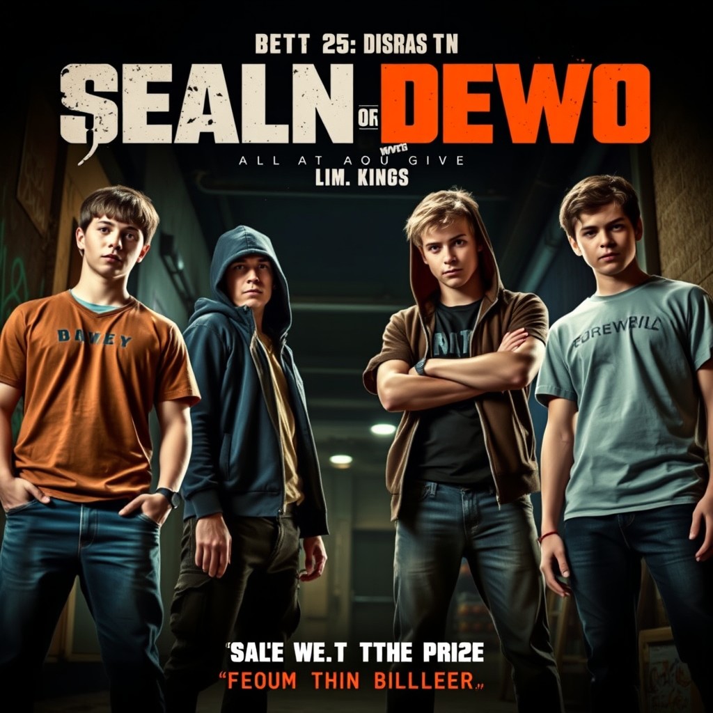 A dramatic movie poster featuring four teenage boys, all around 17 years old