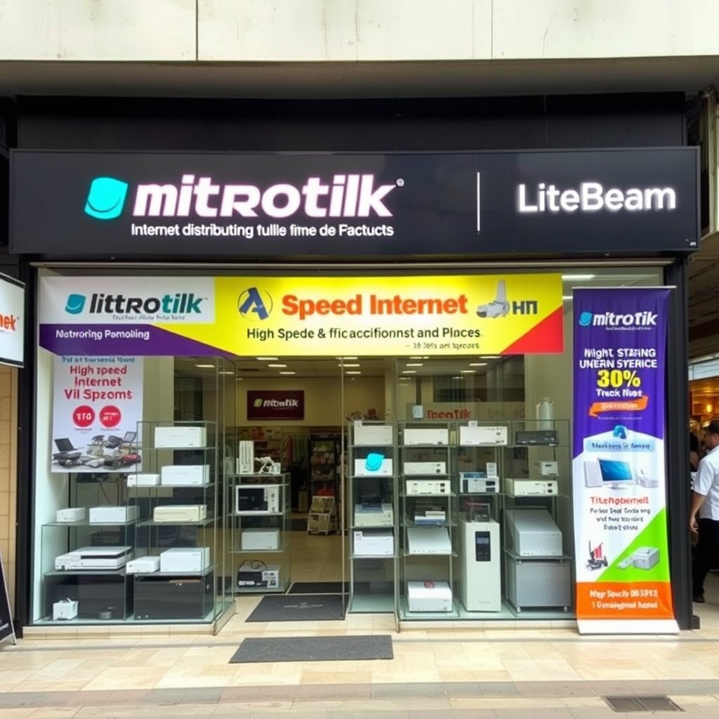 A storefront of an internet distribution store featuring MikroTik devices and LiteBeam equipment
