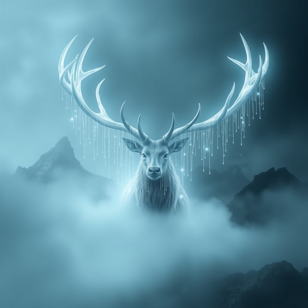 A mystical deer-like spirit shrouded in thick fog, its majestic antlers dripping with glowing rain, casting an enchanting light in the misty environment