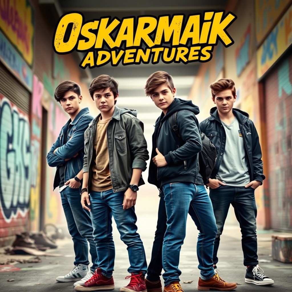 A thrilling movie poster featuring four teenage boys, all around 17 years old, positioned in a dramatic confrontation