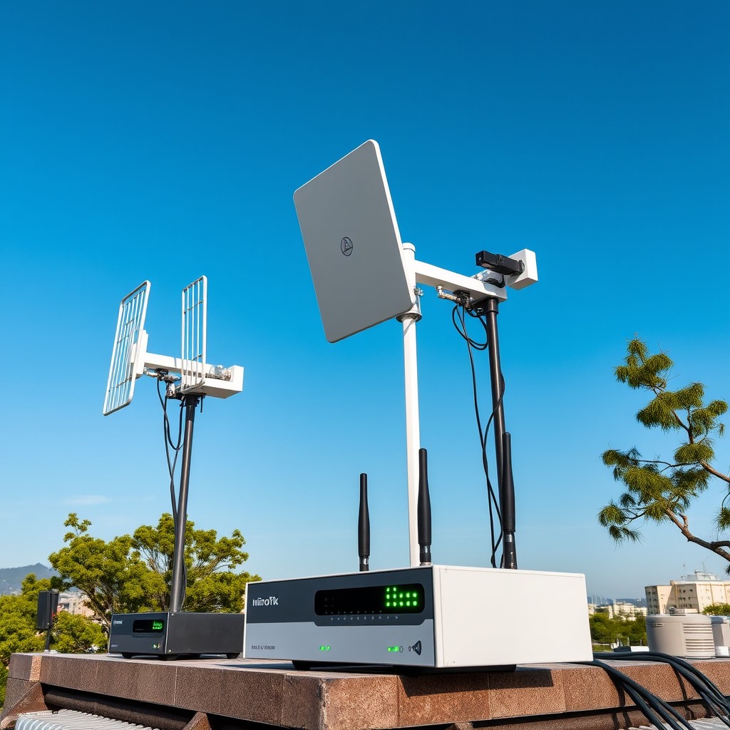 A high-tech network setup showcasing MikroTik devices paired with LiteBeam antennas, representing a strong wireless internet distribution network