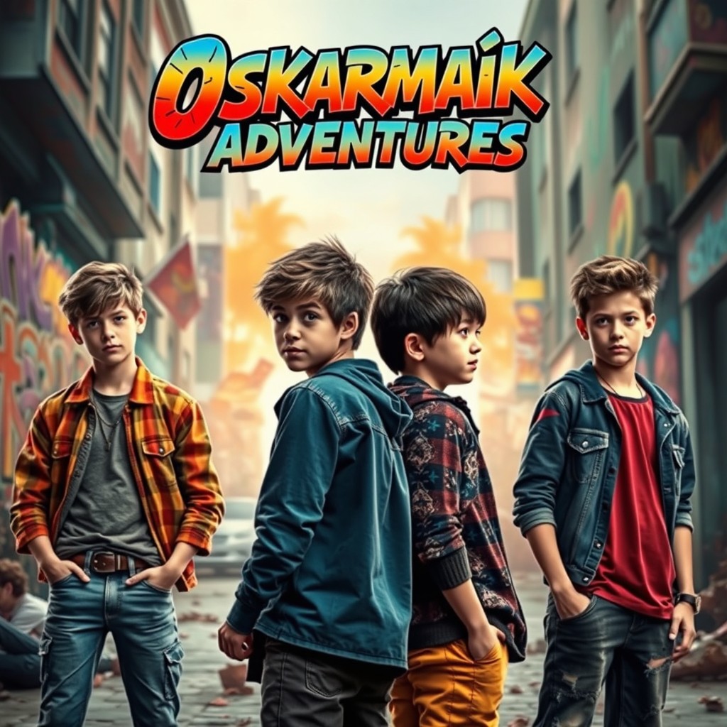 A captivating movie poster featuring four teenage boys, around 17 years old, depicted in a tense face-off