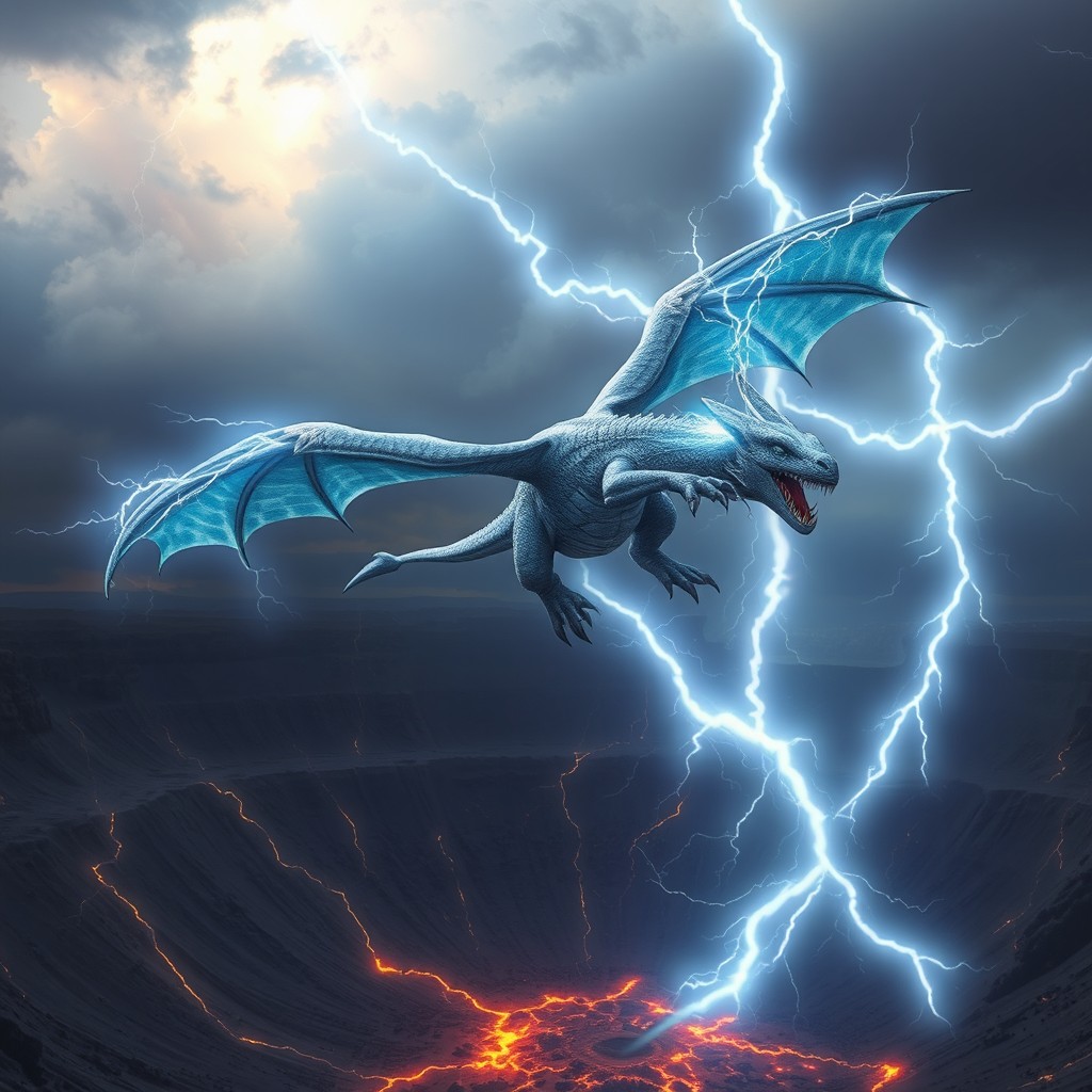 A young electric wyvern soaring through the air, showcasing arcs of lightning dancing playfully between its sharp claws and expansive wings