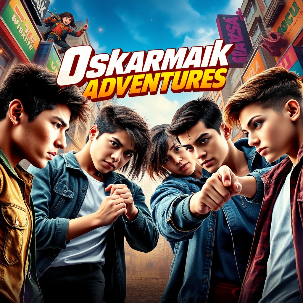 An exciting movie poster featuring four teenagers, approximately 17 years old, positioned in an intense face-off