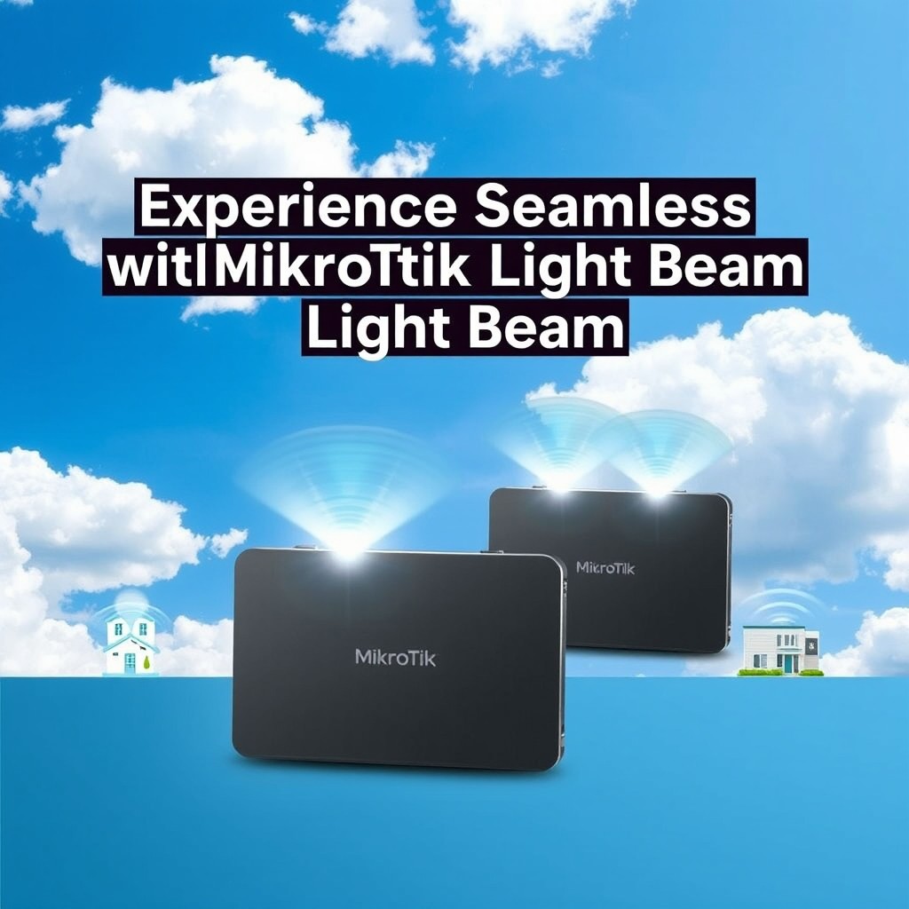 A vibrant and eye-catching advertisement showcasing MikroTik Light Beam devices for high-speed internet distribution