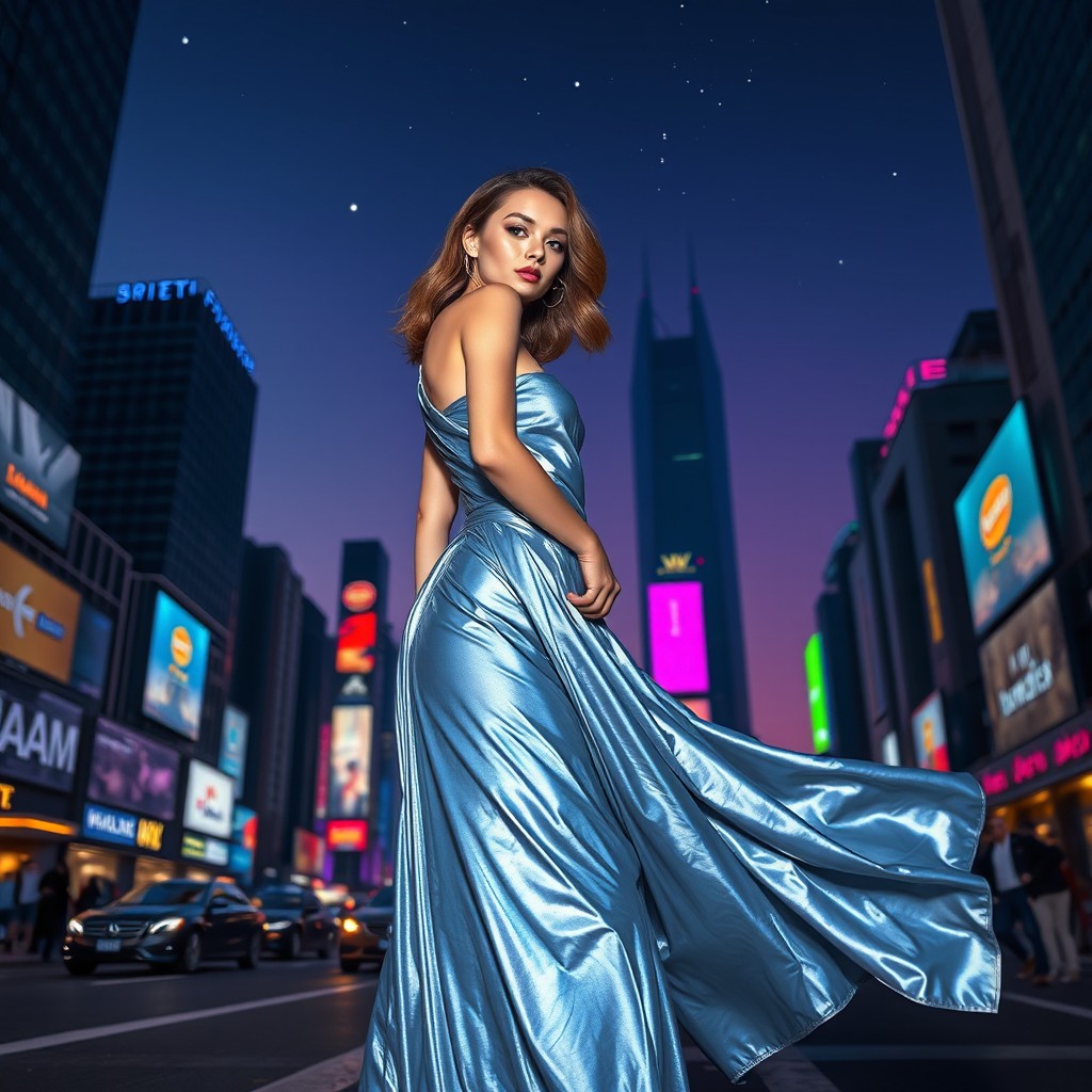 An elegant fashion model standing confidently on a futuristic city street at twilight, wearing a flowing metallic silver gown that shimmers with hints of blue and purple