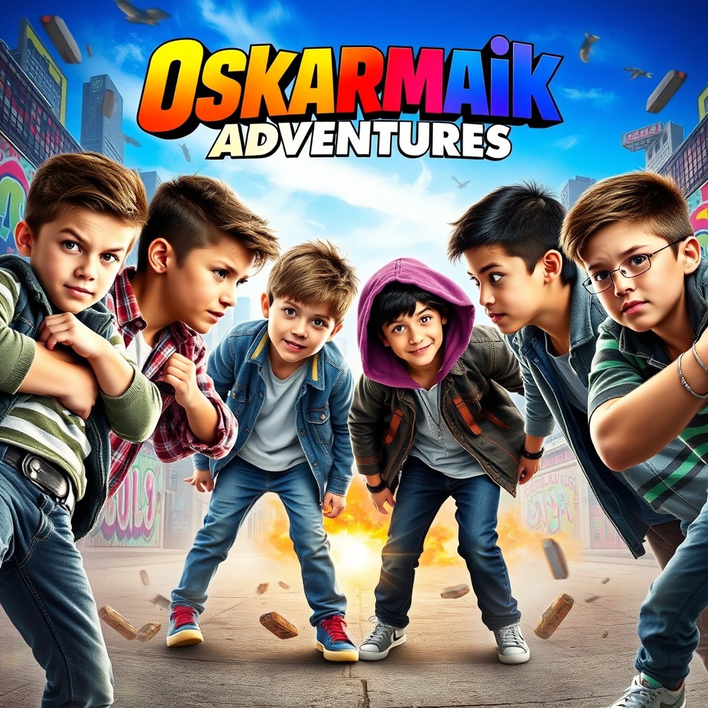 An eye-catching movie poster titled 'Oskarmaik Adventures' featuring four adolescent boys engaged in a dramatic face-off