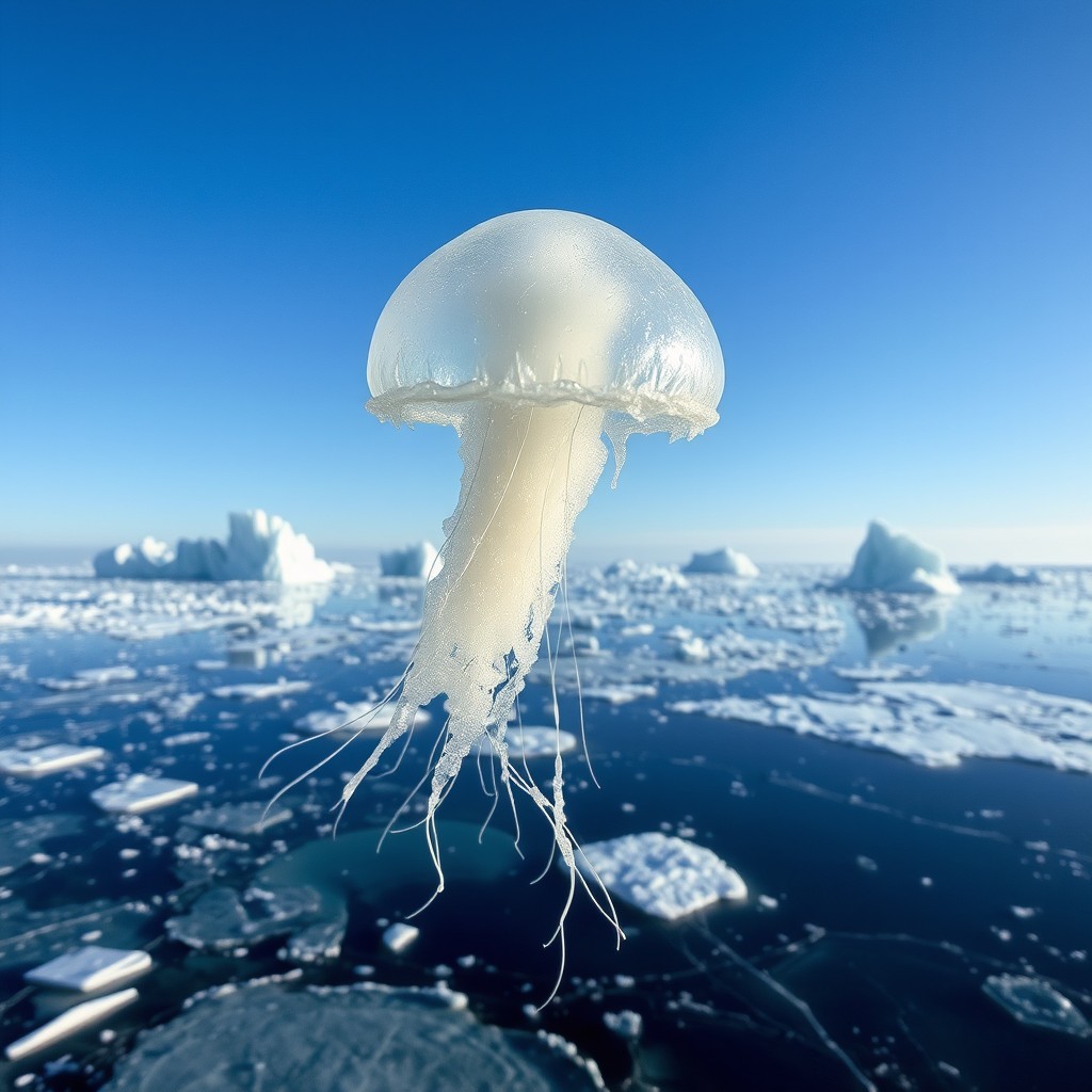An icy jellyfish-like organism gracefully floating through the air, its translucent bell and delicate tendrils shimmering with a frost-like sheen