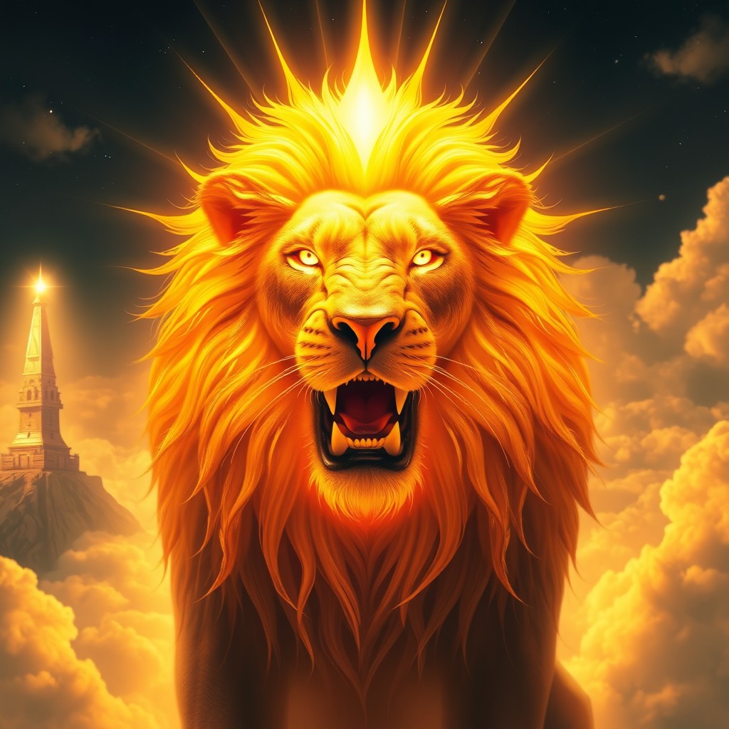 A magnificent, radiant lion adorned with a mane of living light that cascades like a flowing sunbeam