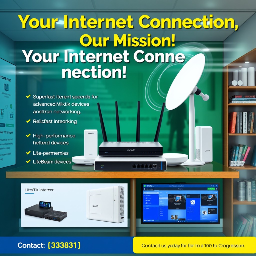 A vibrant advertisement for an internet service store featuring MikroTik and LiteBeam devices