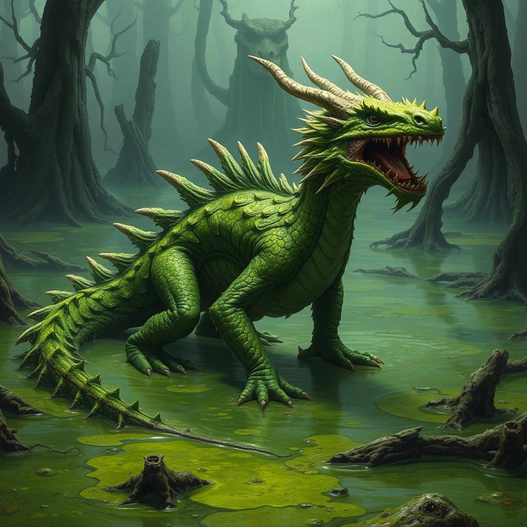 A formidable swamp dragon, its body covered in vibrant green algae that camouflages it within the murky environment