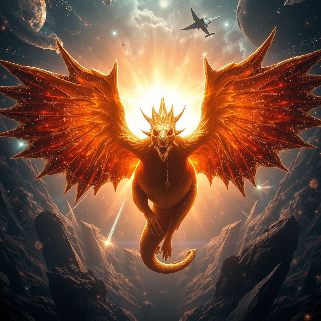 An ancient cosmic beast of immense grandeur, featuring black-hole eyes that draw in light and create an aura of mystery