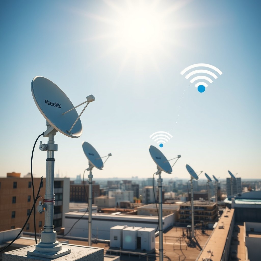 A high-tech setup featuring MikroTik Internet dish antennas and light beam receivers, designed for enhancing Wi-Fi networks