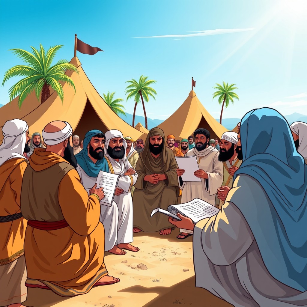 An illustrated historical scene depicting the Pact of Medina, showcasing representatives from the early Muslim community in a heated discussion
