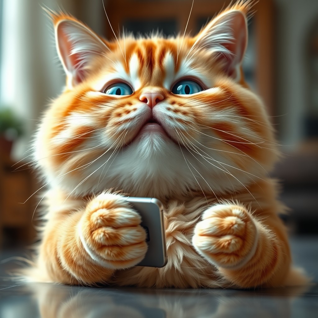 A hyper-realistic image of a sweet, exceptionally big and chubby orange cat with bulging large blue eyes, looking at the viewer while holding a mobile phone