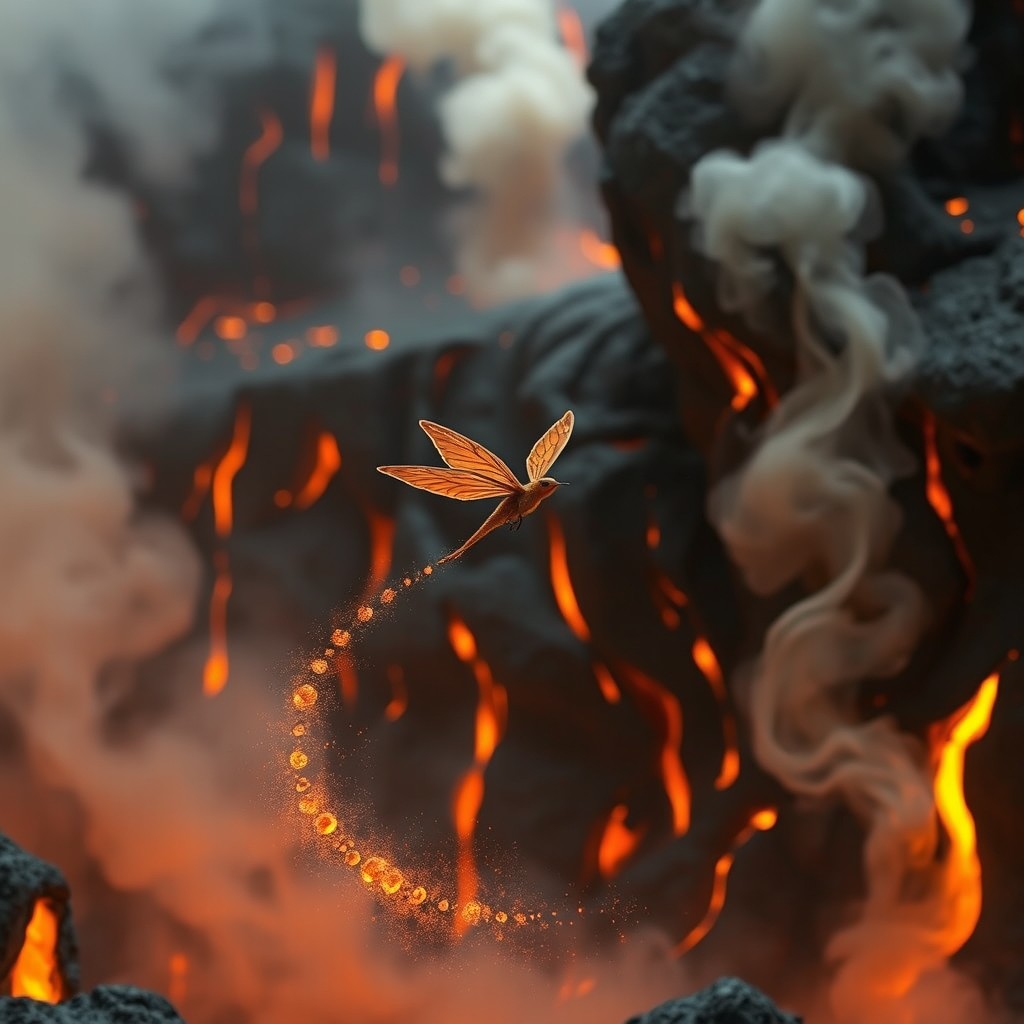 A small ember-winged creature, delicate and enchanting, flitting through the air and leaving a trail of shimmering ash in its wake